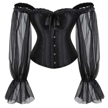Ruffled Gothic Corselet Top With Puff Sleeves And Lace-Up Boning Transparent Satin Overbust Corset For Women - 5Xl