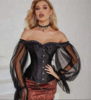 Ruffled Gothic Corselet Top With Puff Sleeves And Lace-Up Boning Transparent Satin Overbust Corset For Women - 5Xl