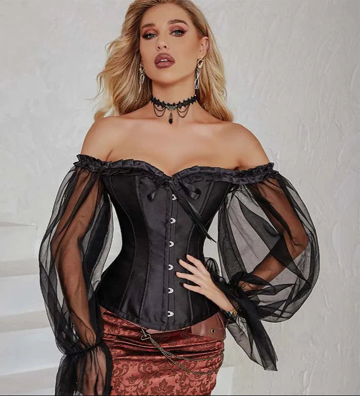 Ruffled Gothic Corselet Top With Puff Sleeves And Lace-Up Boning Transparent Satin Overbust Corset For Women - 5Xl