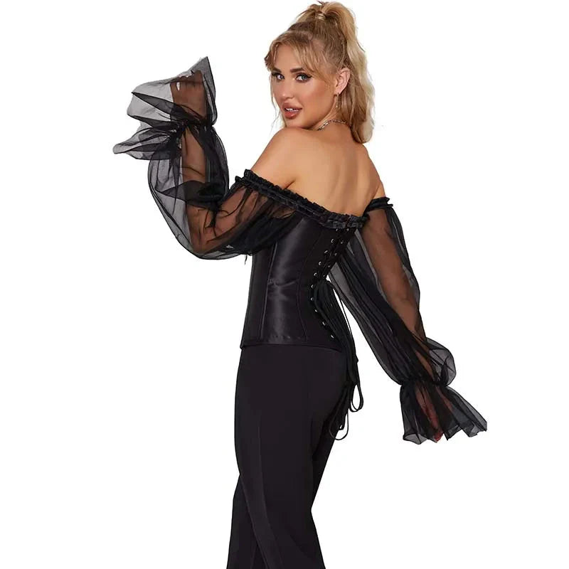 Ruffled Gothic Corselet Top With Puff Sleeves And Lace-Up Boning Transparent Satin Overbust Corset For Women - 5Xl
