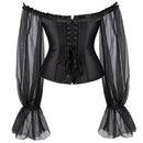 Ruffled Gothic Corselet Top With Puff Sleeves And Lace-Up Boning Transparent Satin Overbust Corset For Women - 5Xl
