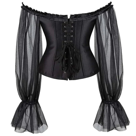 Ruffled Gothic Corselet Top With Puff Sleeves And Lace-Up Boning Transparent Satin Overbust Corset For Women - 5Xl