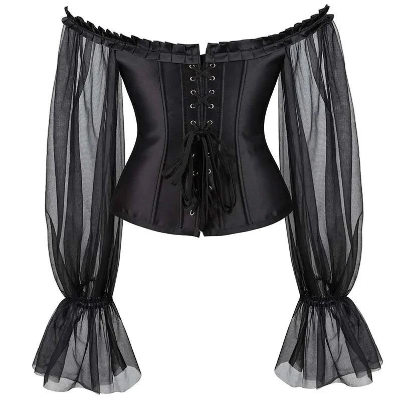Ruffled Gothic Corselet Top With Puff Sleeves And Lace-Up Boning Transparent Satin Overbust Corset For Women - 5Xl