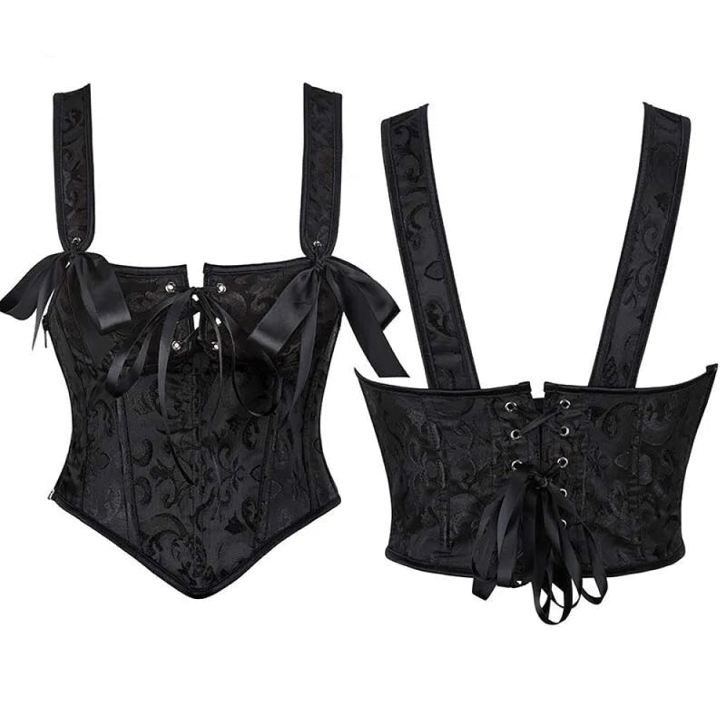 Floral Lace-Up Gothic Crop Top Sleeveless Boned Corset With Strap - Xxxl