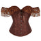 Brown Steampunk Corset With Front Busk Closure Floral Lace And Puff Sleeves - Brown - L