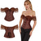 Brown Steampunk Corset With Front Busk Closure Floral Lace And Puff Sleeves - Brown - L
