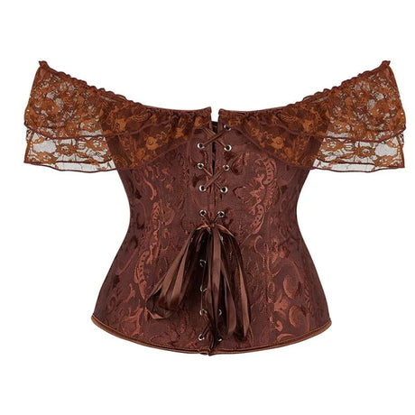 Brown Steampunk Corset With Front Busk Closure Floral Lace And Puff Sleeves - Brown - L