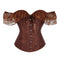 Brown Steampunk Corset With Front Busk Closure Floral Lace And Puff Sleeves - Brown - L
