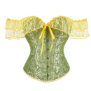 Brown Steampunk Corset With Front Busk Closure Floral Lace And Puff Sleeves - Brown - L
