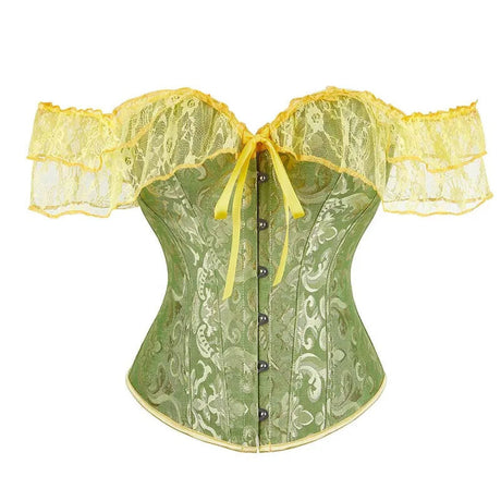 Brown Steampunk Corset With Front Busk Closure Floral Lace And Puff Sleeves - Brown - L