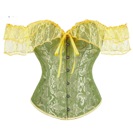 Brown Steampunk Corset With Front Busk Closure Floral Lace And Puff Sleeves - Brown - L