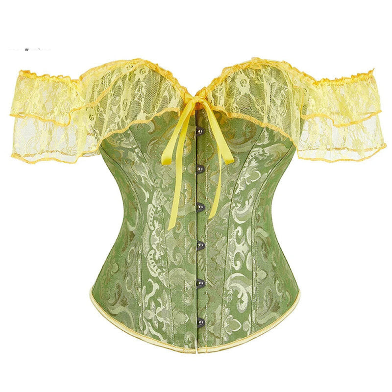Brown Steampunk Corset With Front Busk Closure Floral Lace And Puff Sleeves - Brown - L
