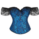 Brown Steampunk Corset With Front Busk Closure Floral Lace And Puff Sleeves - Brown - L