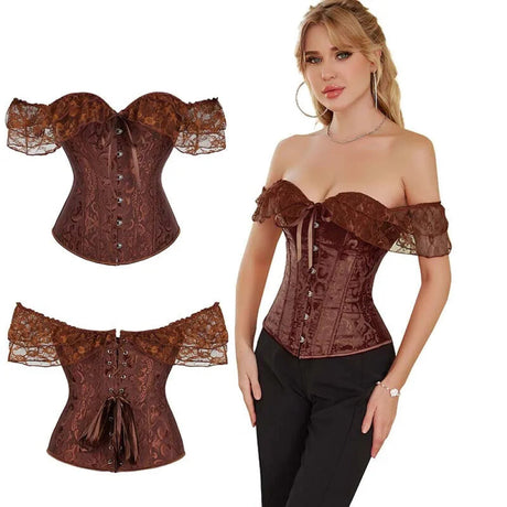 Brown Steampunk Corset With Front Busk Closure Floral Lace And Puff Sleeves - Brown - Xl