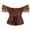 Brown Steampunk Corset With Front Busk Closure Floral Lace And Puff Sleeves - Brown - Xl