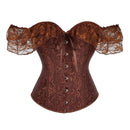 Brown Steampunk Corset With Front Busk Closure Floral Lace And Puff Sleeves - Brown - Xl