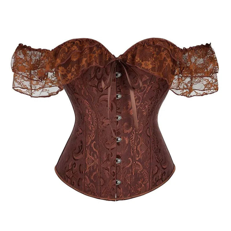 Brown Steampunk Corset With Front Busk Closure Floral Lace And Puff Sleeves - Brown - Xl