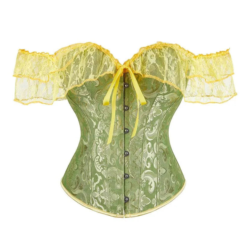 Brown Steampunk Corset With Front Busk Closure Floral Lace And Puff Sleeves - Brown - Xl