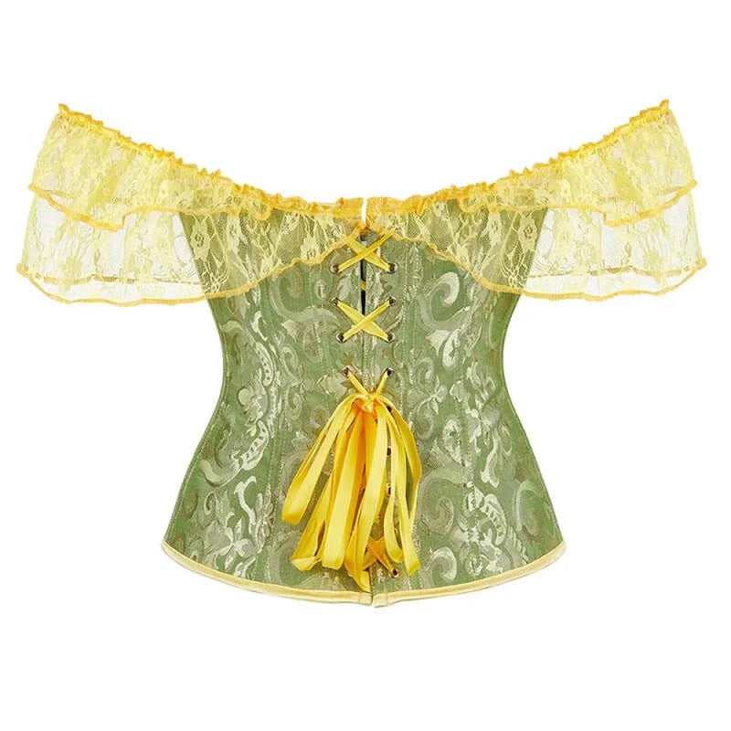 Brown Steampunk Corset With Front Busk Closure Floral Lace And Puff Sleeves - Brown - Xl