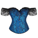 Brown Steampunk Corset With Front Busk Closure Floral Lace And Puff Sleeves - Brown - Xl