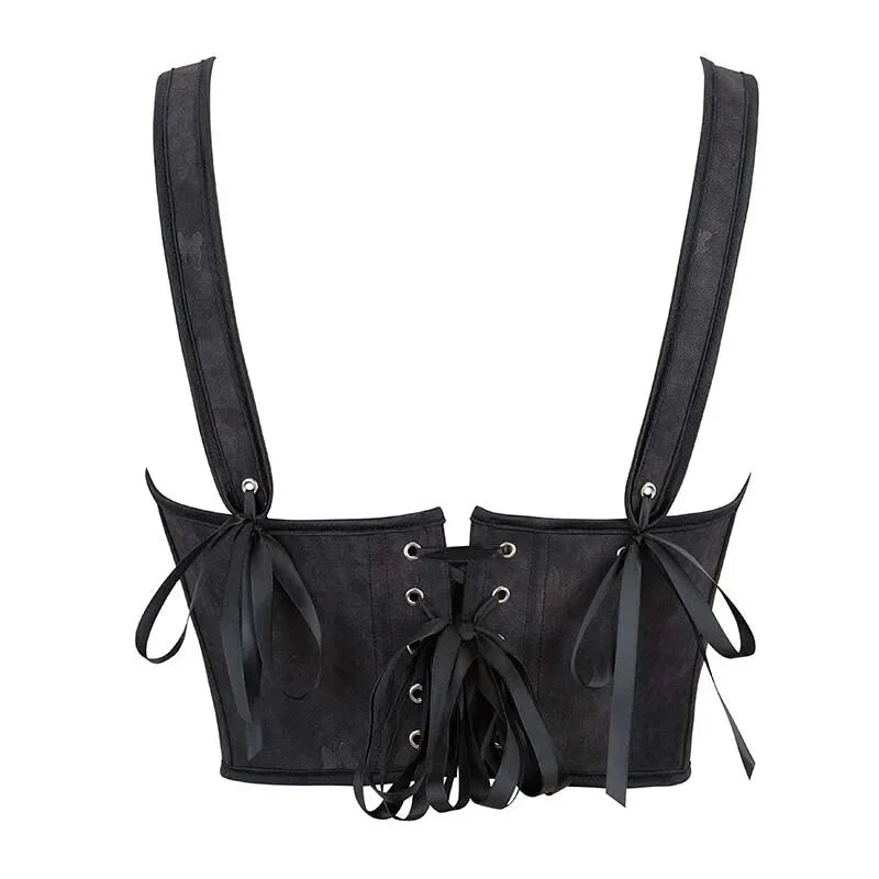 Black Gothic Slimming Vest Corset With Butterfly Detail Backless Boned And Lace-Up For Steampunk Style - S