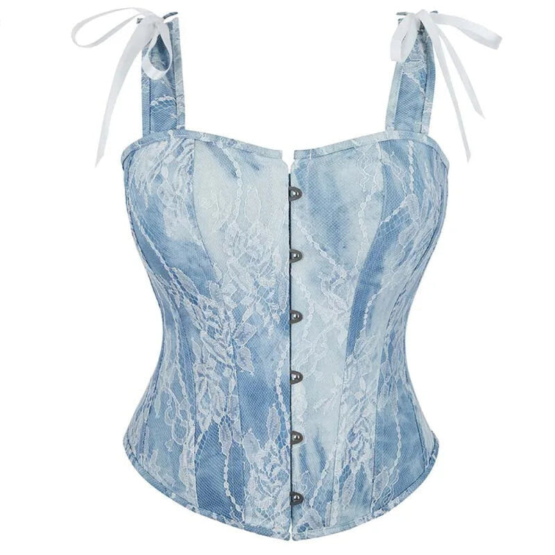 Steampunk Lace Corset Bustier With Floral Overlay And Fishbone Support - S