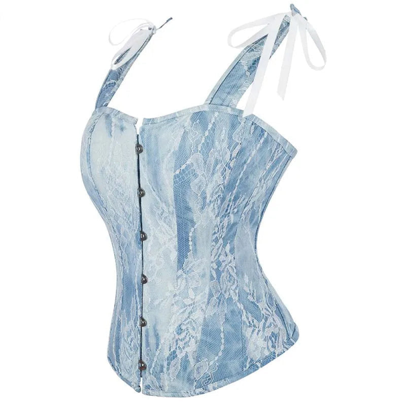 Steampunk Lace Corset Bustier With Floral Overlay And Fishbone Support - S