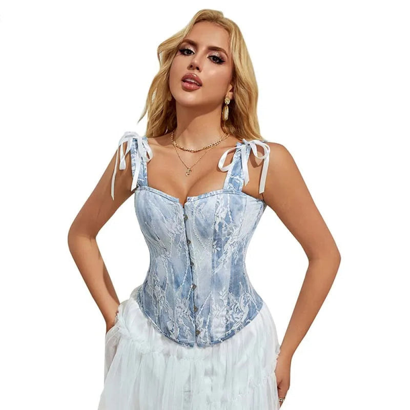 Steampunk Lace Corset Bustier With Floral Overlay And Fishbone Support - S