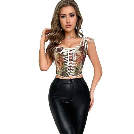 Floral Print Bowknot Tie Strap Sleeveless Vest Corset Bustier Plus Size S-Xxl - Xxl
