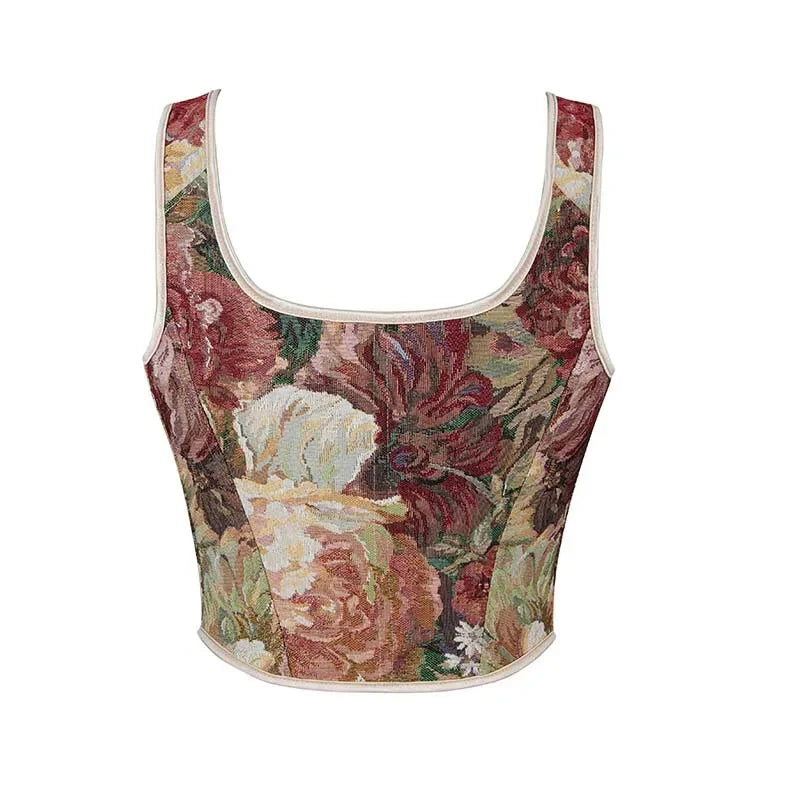Floral Print Bowknot Tie Strap Sleeveless Vest Corset Bustier Plus Size S-Xxl - M