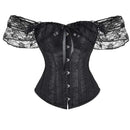 Floral Lace Corset With Off Shoulder Sleeves Plus Size S-6Xl Bow Tie Chest Biner Bustier Top In Black - Xl