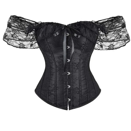 Floral Lace Corset With Off Shoulder Sleeves Plus Size S-6Xl Bow Tie Chest Biner Bustier Top In Black - Xl