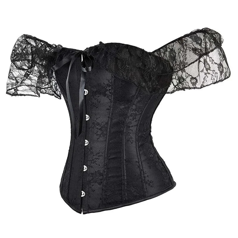 Floral Lace Corset With Off Shoulder Sleeves Plus Size S-6Xl Bow Tie Chest Biner Bustier Top In Black - Xl
