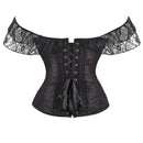 Floral Lace Corset With Off Shoulder Sleeves Plus Size S-6Xl Bow Tie Chest Biner Bustier Top In Black - Xl