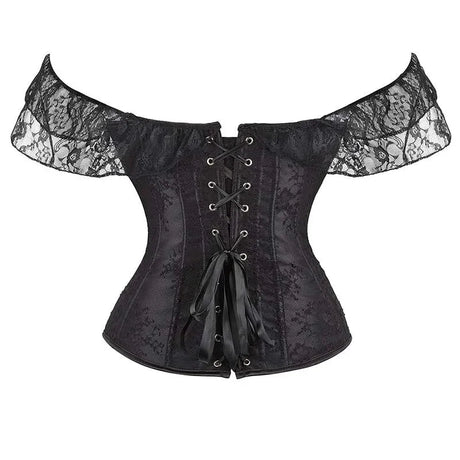 Floral Lace Corset With Off Shoulder Sleeves Plus Size S-6Xl Bow Tie Chest Biner Bustier Top In Black - Xl