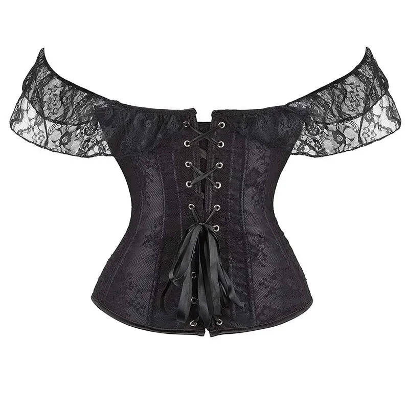 Floral Lace Corset With Off Shoulder Sleeves Plus Size S-6Xl Bow Tie Chest Biner Bustier Top In Black - Xl