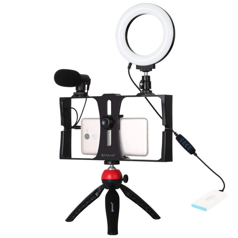 Vlogging Live Broadcast Smartphone Video Rig With Led Selfie Light Microphone Tripod Mount And Cold Shoe Head - Blue