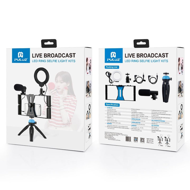 Vlogging Live Broadcast Smartphone Video Rig With Led Selfie Light Microphone Tripod Mount And Cold Shoe Head - Blue