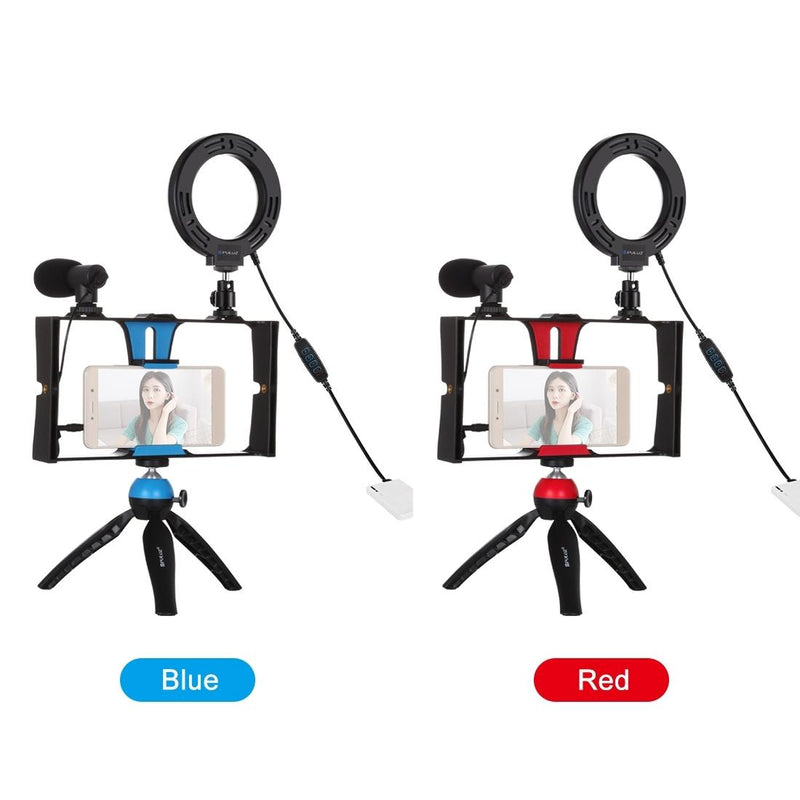 Vlogging Live Broadcast Smartphone Video Rig With Led Selfie Light Microphone Tripod Mount And Cold Shoe Head - Blue