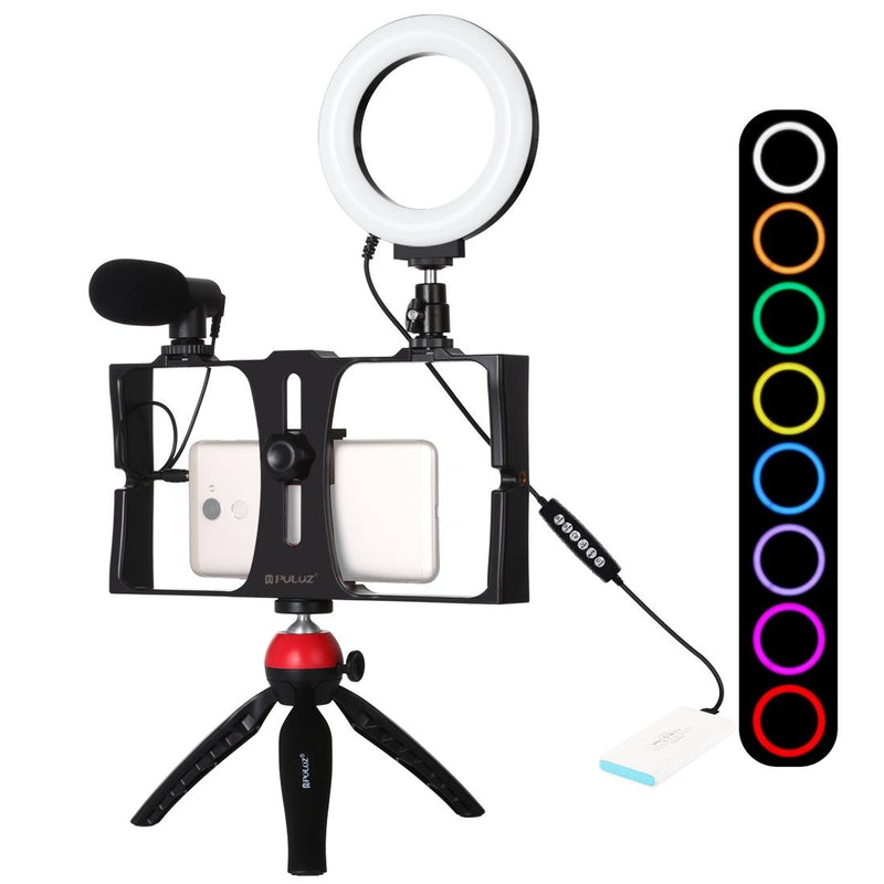 Vlogging Live Broadcast Smartphone Video Rig With 4.7 Inch Rgbw Ring Led Selfie Light Microphone And Pocket Tripod Mount Kit