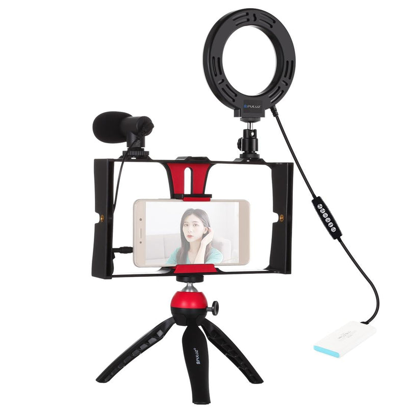 Vlogging Live Broadcast Smartphone Video Rig With 4.7 Inch Rgbw Ring Led Selfie Light Microphone And Pocket Tripod Mount Kit