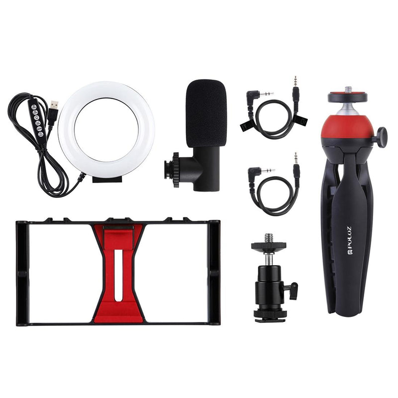 Vlogging Live Broadcast Smartphone Video Rig With 4.7 Inch Rgbw Ring Led Selfie Light Microphone And Pocket Tripod Mount Kit