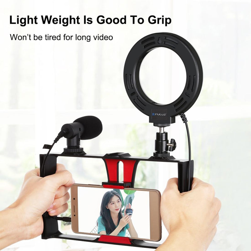 Vlogging Live Broadcast Smartphone Video Rig With 4.7 Inch Rgbw Ring Led Selfie Light Microphone And Pocket Tripod Mount Kit
