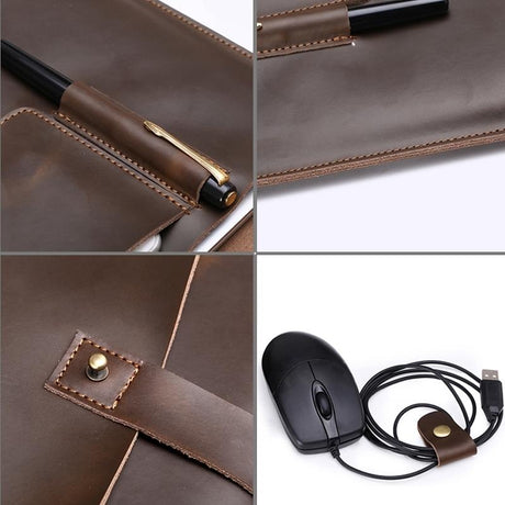 13.3 Inch Genuine Leather Laptop Bag With Power Adapter And Cable Winder - Rufous