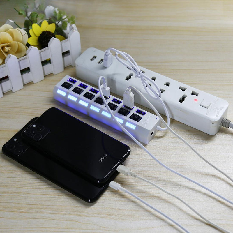 7-Port Usb Hub With High Speed 480Mbps On / Off Switch & 7 Leds - White