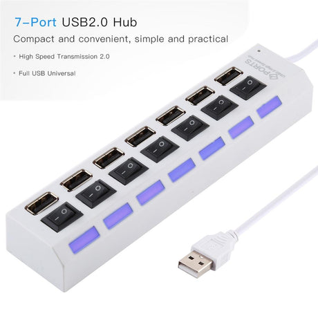 7-Port Usb Hub With High Speed 480Mbps On / Off Switch & 7 Leds - White