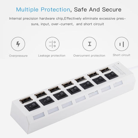 7-Port Usb Hub With High Speed 480Mbps On / Off Switch & 7 Leds - White