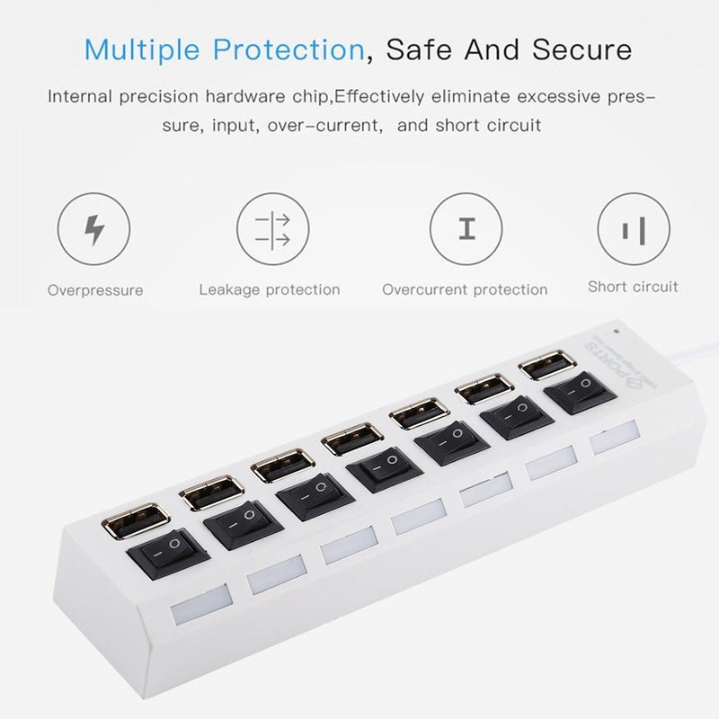 7-Port Usb Hub With High Speed 480Mbps On / Off Switch & 7 Leds - White