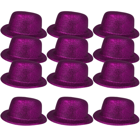 12x GLITTER BOWLER HAT Fancy Party Plastic Costume Cap Fun Dress Up Sparkle BULK - Purple