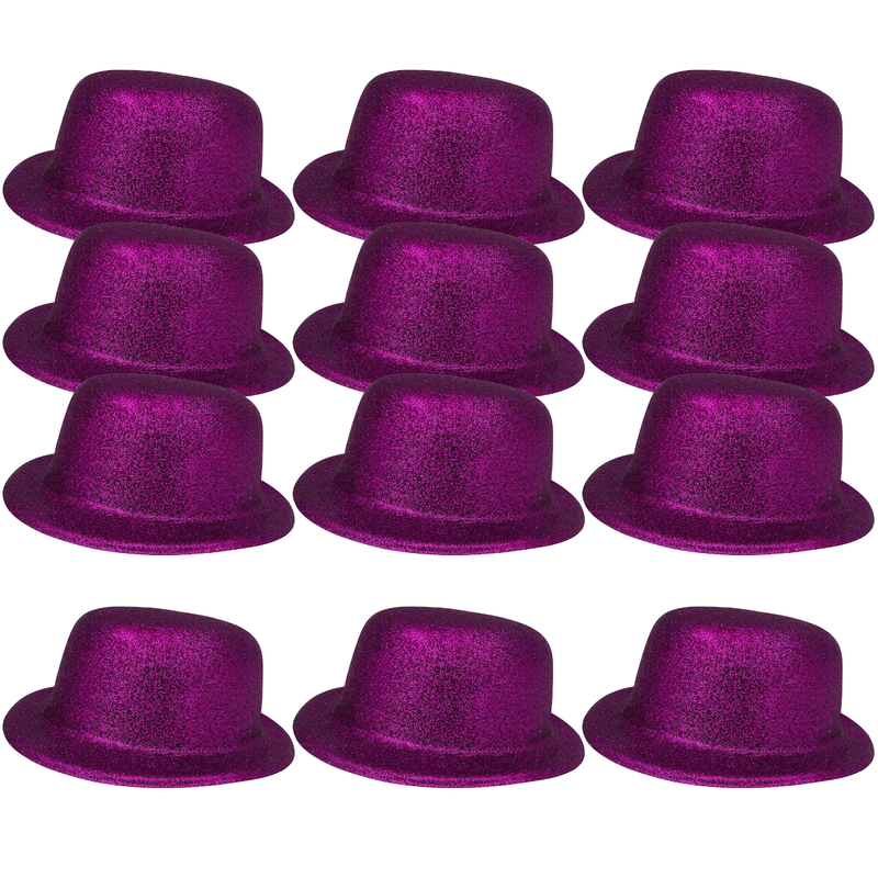 12x GLITTER BOWLER HAT Fancy Party Plastic Costume Cap Fun Dress Up Sparkle BULK - Purple